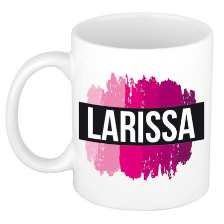 Name mug Larissa  with pink paint marks  300 ml