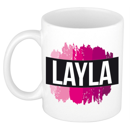 Naam cadeau mok / beker Layla  met roze verfstrepen 300 ml