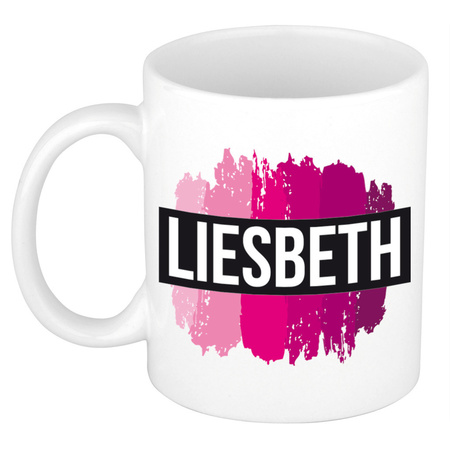 Naam cadeau mok / beker Liesbeth  met roze verfstrepen 300 ml