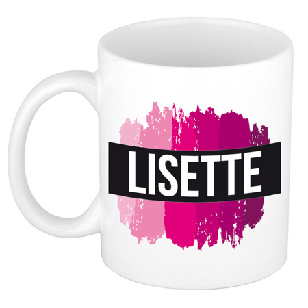 Name mug Lisette  with pink paint marks  300 ml