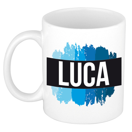 Name mug Luca with blue paint marks  300 ml