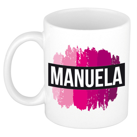 Naam cadeau mok / beker Manuela  met roze verfstrepen 300 ml