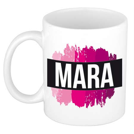 Naam cadeau mok / beker Mara  met roze verfstrepen 300 ml