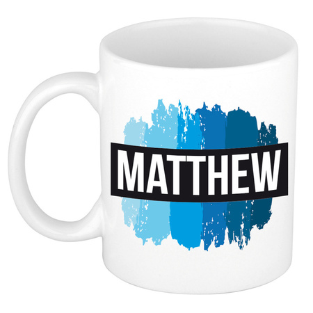 Naam cadeau mok / beker Matthew met blauwe verfstrepen 300 ml