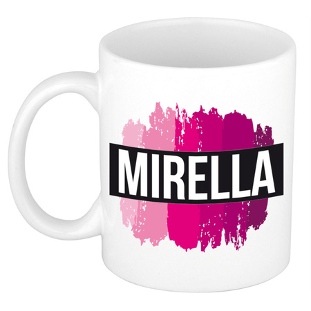 Naam cadeau mok / beker Mirella  met roze verfstrepen 300 ml
