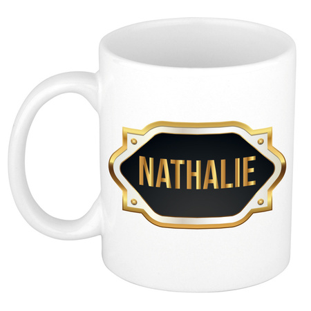 Naam cadeau mok / beker Nathalie met gouden embleem 300 ml