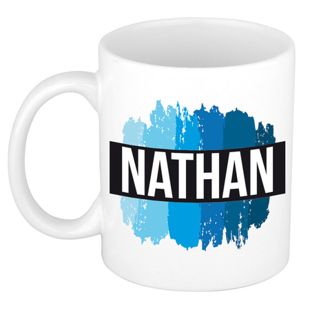 Naam cadeau mok / beker Nathan met blauwe verfstrepen 300 ml