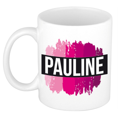 Naam cadeau mok / beker Pauline  met roze verfstrepen 300 ml