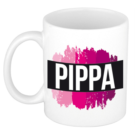 Naam cadeau mok / beker Pippa  met roze verfstrepen 300 ml