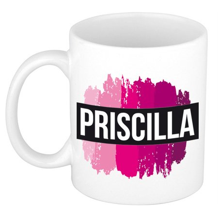 Naam cadeau mok / beker Priscilla  met roze verfstrepen 300 ml