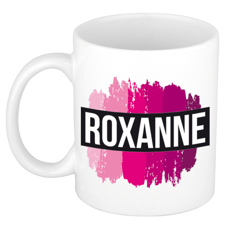 Naam cadeau mok / beker Roxanne  met roze verfstrepen 300 ml