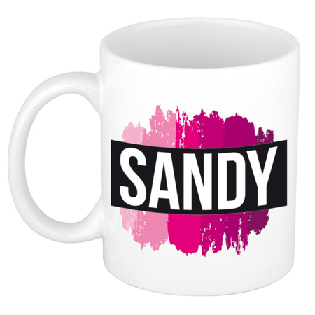 Naam cadeau mok / beker Sandy  met roze verfstrepen 300 ml