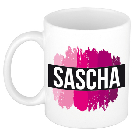 Naam cadeau mok / beker Sascha  met roze verfstrepen 300 ml