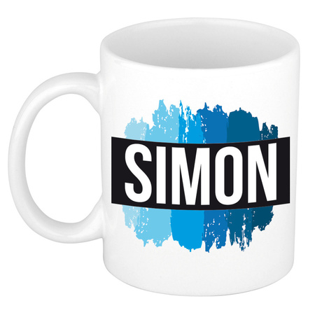 Naam cadeau mok / beker Simon met blauwe verfstrepen 300 ml