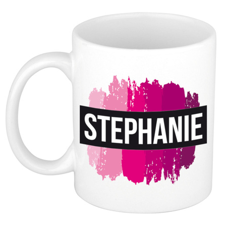 Naam cadeau mok / beker Stephanie  met roze verfstrepen 300 ml
