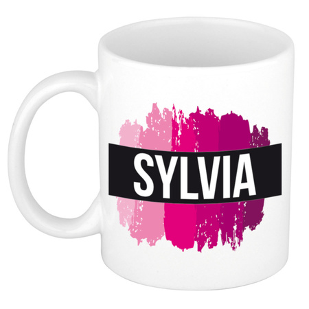 Naam cadeau mok / beker Sylvia  met roze verfstrepen 300 ml