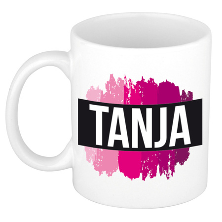 Naam cadeau mok / beker Tanja  met roze verfstrepen 300 ml