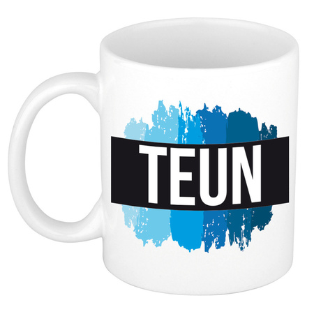 Name mug Teun with blue paint marks  300 ml