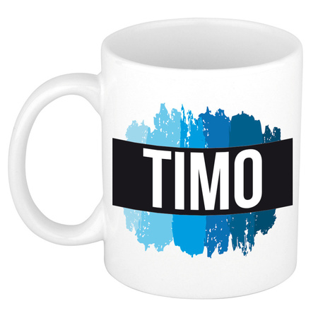 Name mug Timo with blue paint marks  300 ml