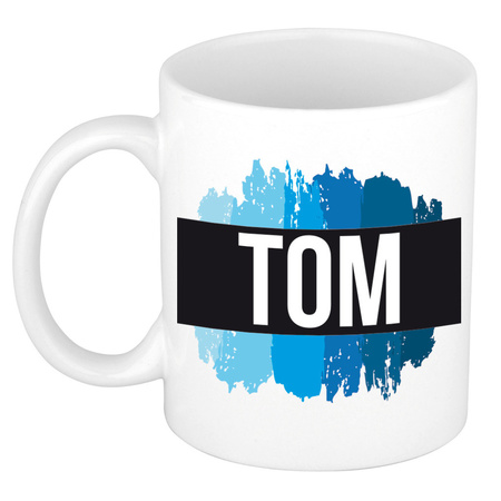 Naam cadeau mok / beker Tom met blauwe verfstrepen 300 ml