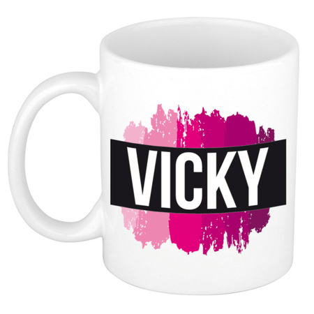 Naam cadeau mok / beker Vicky  met roze verfstrepen 300 ml