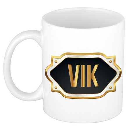 Name mug Vik with golden emblem 300 ml