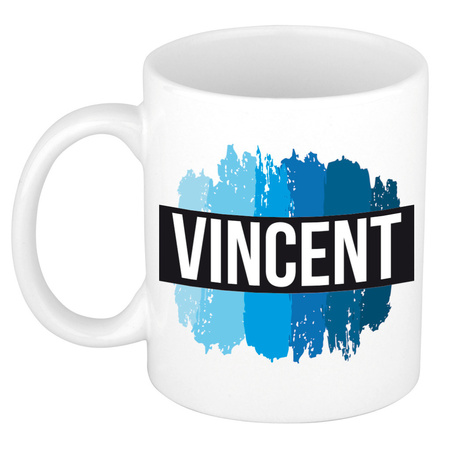 Naam cadeau mok / beker Vincent met blauwe verfstrepen 300 ml