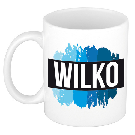Naam cadeau mok / beker Wilko met blauwe verfstrepen 300 ml