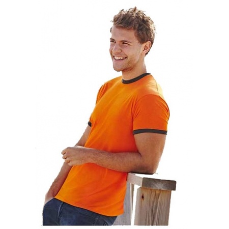 Oranje heren t-shirts met khaki contrast randen