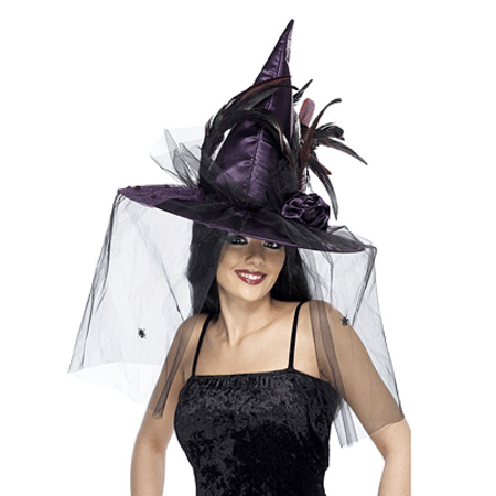 Purple witch hat with feathers and netting