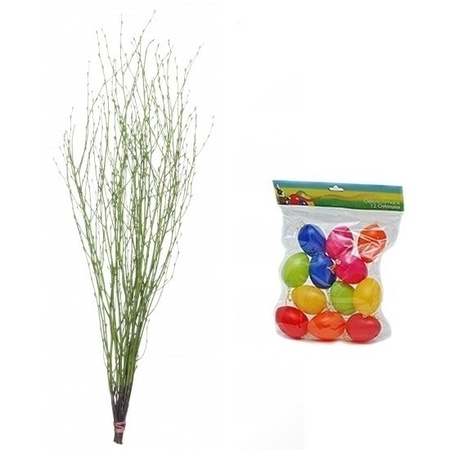 Small green Easter branch bunch 75 cm with 12 eggs