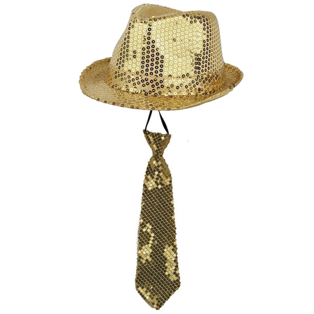 Party carnaval verkleed hoedje en stropdas goud glitters
