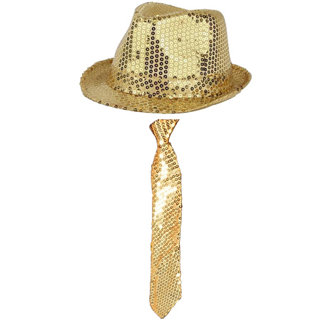 Party carnaval hat and tie in gold glitters