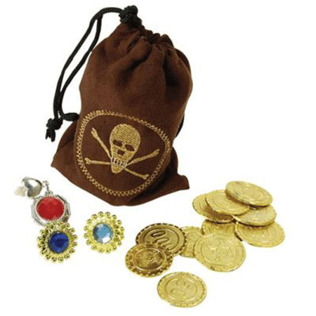 Pirate coins and jewelry in pouch