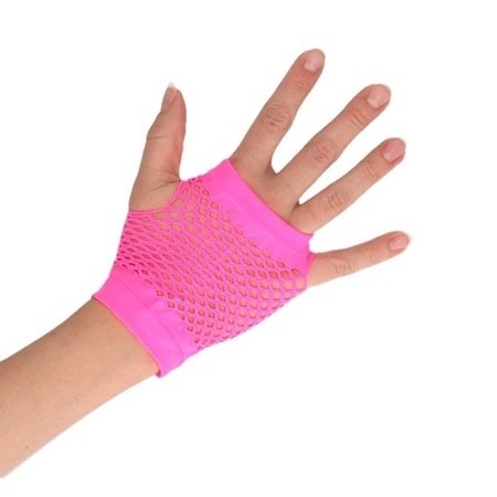 Roze grunge/gothic korte visnet handschoenen voor volwassenen