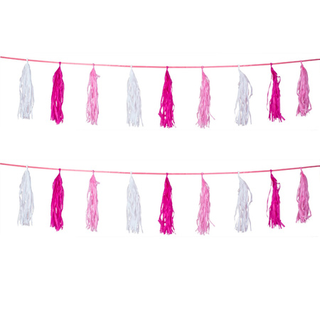 Set of 2x pieces pink Garlands with tassels 3 meters