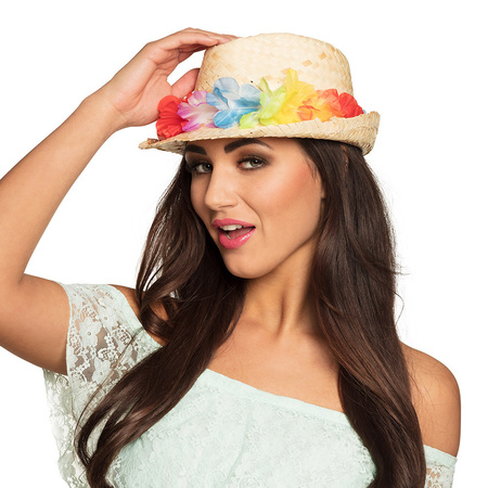 Toppers - Stro verkleed hoedje met Hawaii party krans