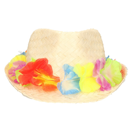 Stro verkleed hoedje met Hawaii party krans