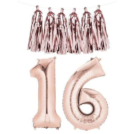 Sweet 16 foil balloon number 16 rose gold with garland