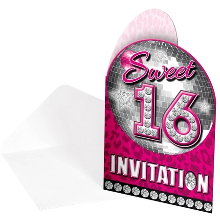 Sweet 16 thema party uitnodigingskaarten 8x stuks