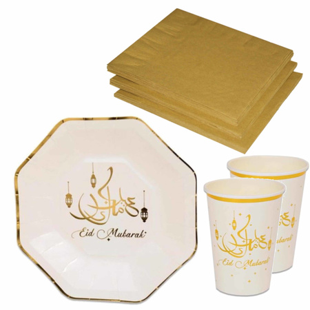 Tafel dekken Ramadan Mubarak feestartikelen wit/goud 16x bordjes/16x drink bekers/20x servetten