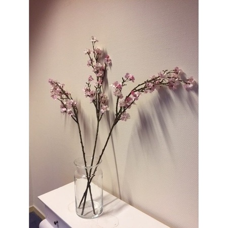 Vase with 3 pink appleblossom artificial flower branches 104 cm