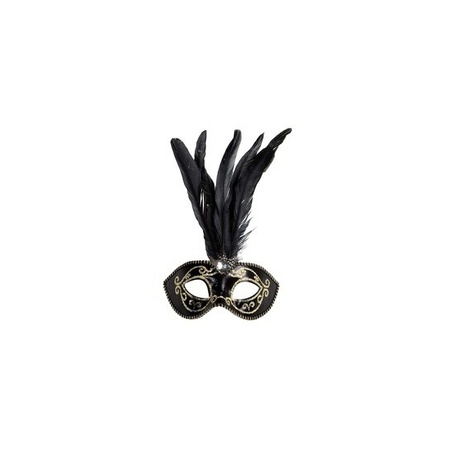 Venetian glitter eye mask with black feathers