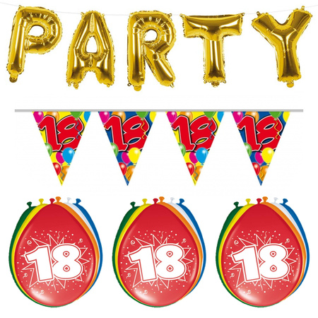 Verjaardag feestversiering 18 jaar PARTY letters en 16x ballonnen met 2x plastic vlaggetjes