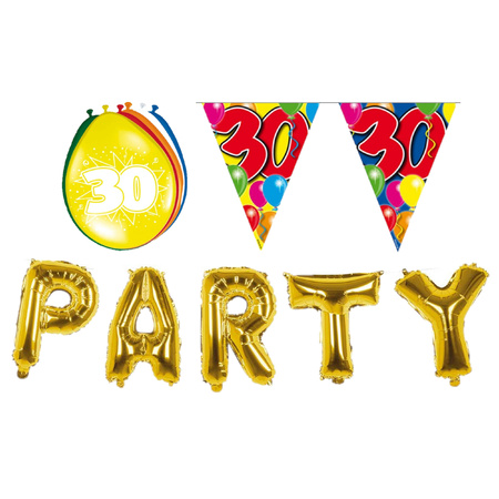 Verjaardag feestversiering 30 jaar PARTY letters en 16x ballonnen met 2x plastic vlaggetjes
