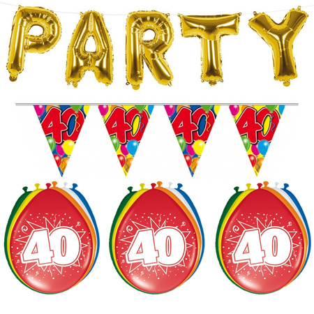 Verjaardag feestversiering 40 jaar PARTY letters en 16x ballonnen met 2x plastic vlaggetjes
