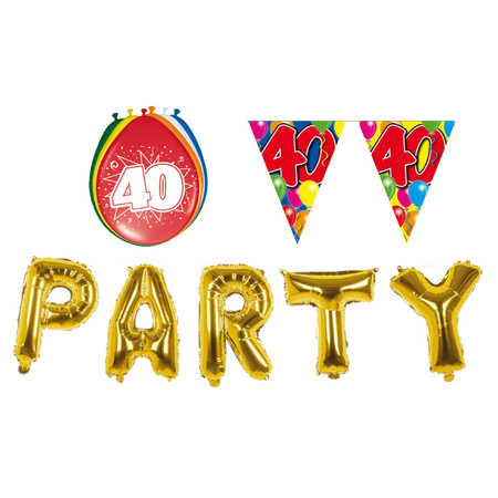 Verjaardag feestversiering 40 jaar PARTY letters en 16x ballonnen met 2x plastic vlaggetjes