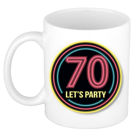 Verjaardag mok / beker - Lets party 70 jaar - neon - 300 ml - verjaardagscadeau