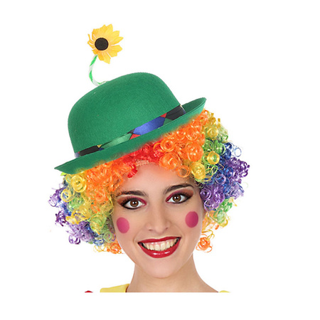 Clown verkleed set gekleurde pruik met bolhoed groen met bloem