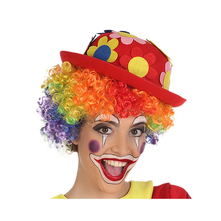 Clown verkleed set gekleurde pruik met bolhoed rood met bloemen